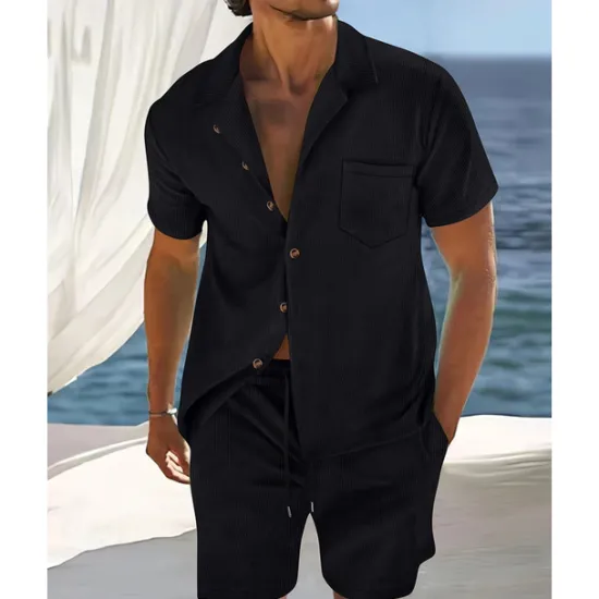 Clearance OUKU Men's T-shirt Suits 2 Pieces Outfits Tee & Shorts Short Sleeve Shirt Collar Summer Plain Fashion Casual 2 Piece Vacation Daily Wear Going out Black Navy Blue Blue Top Tee for Men