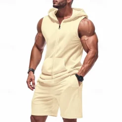 Best OUKU Men's T-shirt Suits 2 Pieces Outfits Tee & Shorts Short Sleeve Hooded Summer Plain Fashion Casual 2 Piece Vacation Daily Wear Going out Black Yellow Red Top Tee for Men