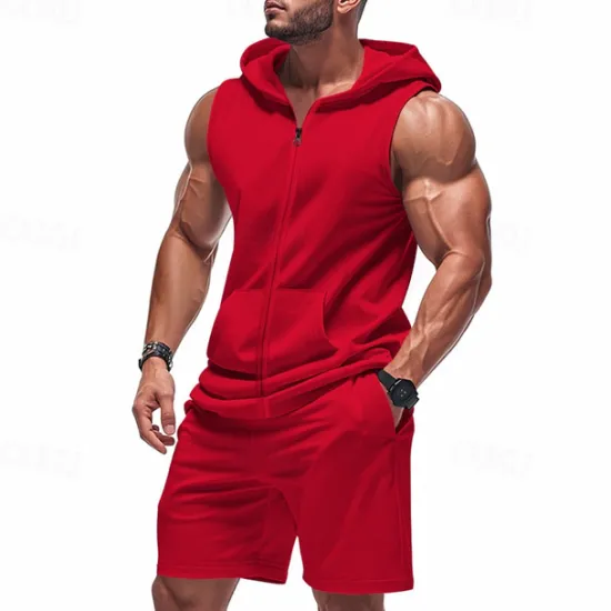 Best OUKU Men's T-shirt Suits 2 Pieces Outfits Tee & Shorts Short Sleeve Hooded Summer Plain Fashion Casual 2 Piece Vacation Daily Wear Going out Black Yellow Red Top Tee for Men