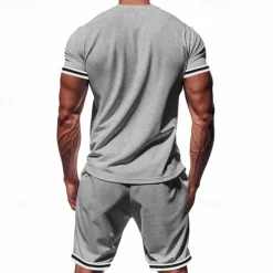 OUKU Men's T-shirt Suits 2 Pieces Outfits Tee & Shorts Short Sleeve Standing Collar Summer Striped Fashion Casual 2 Piece Vacation Daily Wear Going out Black Red Dark Navy Top Tee for Men