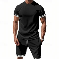 OUKU Men's T-shirt Suits 2 Pieces Outfits Tee & Shorts Short Sleeve Standing Collar Summer Striped Fashion Casual 2 Piece Vacation Daily Wear Going out Black Red Dark Navy Top Tee for Men