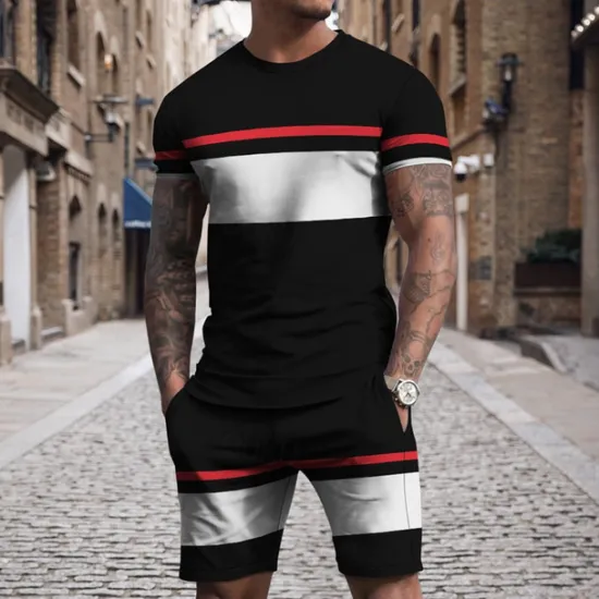 OUKU Men's T-shirt Suits 2 Pieces Outfits Tee & Shorts Short Sleeve Crew Neck Summer Color Block Stripes Fashion Casual 2 Piece Vacation Daily Wear Going out Black Navy Blue Red Black Top Tee for Men
