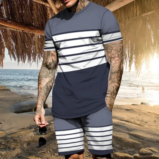 OUKU Men's T-shirt Suits 2 Pieces Outfits Tee & Shorts Short Sleeve Crew Neck Summer Color Block Stripes Fashion Casual 2 Piece Vacation Daily Wear Going out Black Navy Blue Red Black Top Tee for Men