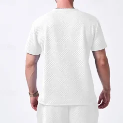 Sale OUKU Men's T-shirt Suits 2 Pieces Outfits Tee & Shorts Short Sleeve Crew Neck Summer Plain Fashion Casual 2 Piece Jacquard Vacation Daily Wear Going out Black White Khaki Top Tee for Men