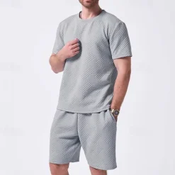 Sale OUKU Men's T-shirt Suits 2 Pieces Outfits Tee & Shorts Short Sleeve Crew Neck Summer Plain Fashion Casual 2 Piece Jacquard Vacation Daily Wear Going out Black White Khaki Top Tee for Men