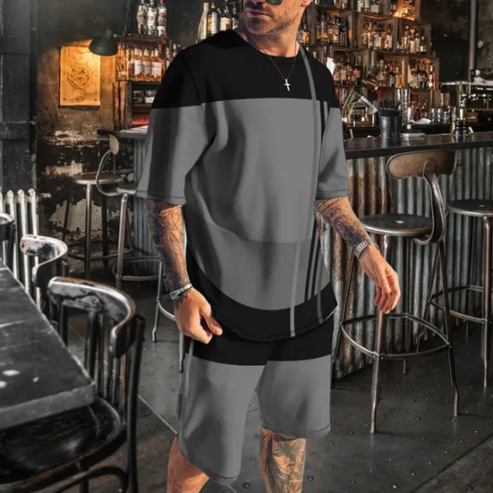 New OUKU Men's T-shirt Suits 2 Pieces Outfits Tee & Shorts Short Sleeve Crew Neck Summer Color Block Fashion Casual 2 Piece Vacation Daily Wear Going out White Blue Gray Top Tee for Men