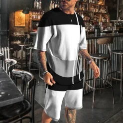 New OUKU Men's T-shirt Suits 2 Pieces Outfits Tee & Shorts Short Sleeve Crew Neck Summer Color Block Fashion Casual 2 Piece Vacation Daily Wear Going out White Blue Gray Top Tee for Men