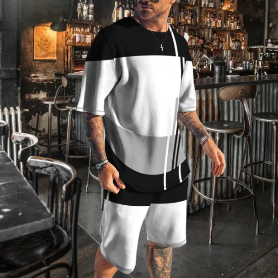 New OUKU Men's T-shirt Suits 2 Pieces Outfits Tee & Shorts Short Sleeve Crew Neck Summer Color Block Fashion Casual 2 Piece Vacation Daily Wear Going out White Blue Gray Top Tee for Men