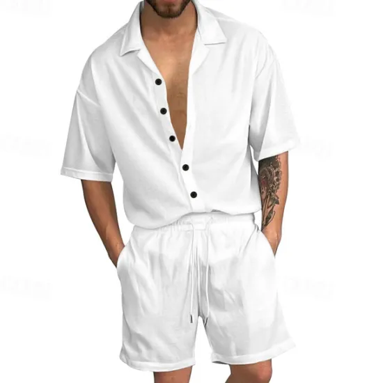 Online OUKU Men's T-shirt Suits 2 Pieces Outfits Tee & Shorts Short Sleeve Shirt Collar Summer Plain Fashion Casual 2 Piece Vacation Daily Wear Going out Black White Red Top Tee for Men