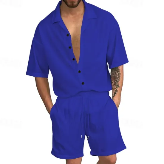 Online OUKU Men's T-shirt Suits 2 Pieces Outfits Tee & Shorts Short Sleeve Shirt Collar Summer Plain Fashion Casual 2 Piece Vacation Daily Wear Going out Black White Red Top Tee for Men