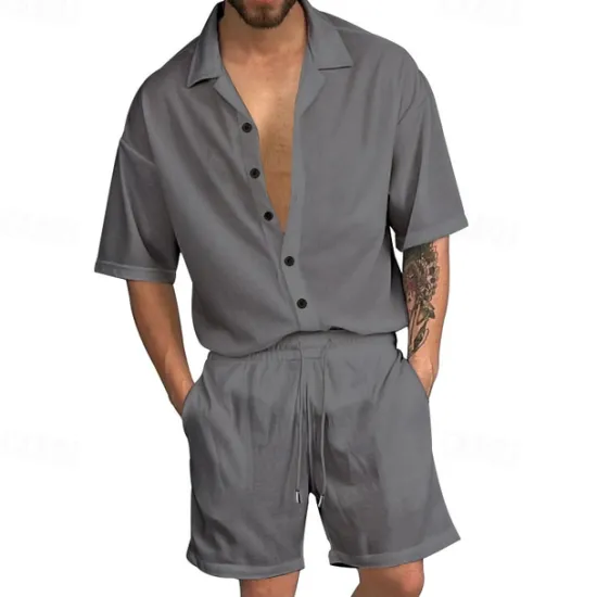 Online OUKU Men's T-shirt Suits 2 Pieces Outfits Tee & Shorts Short Sleeve Shirt Collar Summer Plain Fashion Casual 2 Piece Vacation Daily Wear Going out Black White Red Top Tee for Men