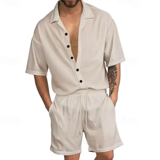Online OUKU Men's T-shirt Suits 2 Pieces Outfits Tee & Shorts Short Sleeve Shirt Collar Summer Plain Fashion Casual 2 Piece Vacation Daily Wear Going out Black White Red Top Tee for Men