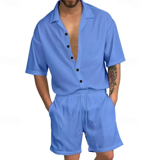 Online OUKU Men's T-shirt Suits 2 Pieces Outfits Tee & Shorts Short Sleeve Shirt Collar Summer Plain Fashion Casual 2 Piece Vacation Daily Wear Going out Black White Red Top Tee for Men