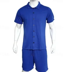 Online OUKU Men's T-shirt Suits 2 Pieces Outfits Tee & Shorts Short Sleeve Shirt Collar Summer Plain Fashion Casual 2 Piece Vacation Daily Wear Going out Black White Red Top Tee for Men