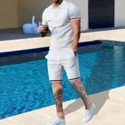Online OUKU Men's T-shirt Suits 2 Pieces Outfits Tee & Shorts Short Sleeve Lapel Summer Plain Fashion Casual 2 Piece Vacation Daily Wear Going out Black White Navy Blue Top Tee for Men
