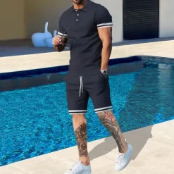 Online OUKU Men's T-shirt Suits 2 Pieces Outfits Tee & Shorts Short Sleeve Lapel Summer Plain Fashion Casual 2 Piece Vacation Daily Wear Going out Black White Navy Blue Top Tee for Men
