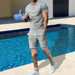 Online OUKU Men's T-shirt Suits 2 Pieces Outfits Tee & Shorts Short Sleeve Lapel Summer Plain Fashion Casual 2 Piece Vacation Daily Wear Going out Black White Navy Blue Top Tee for Men