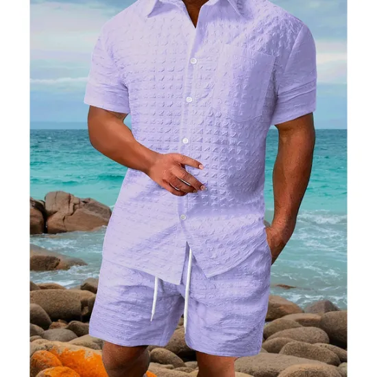 Outlet OUKU Men's T-shirt Suits 2 Pieces Outfits Tee & Shorts Short Sleeve Shirt Collar Summer Plain Fashion Casual 2 Piece Vacation Daily Wear Going out White khaki Top Tee for Men