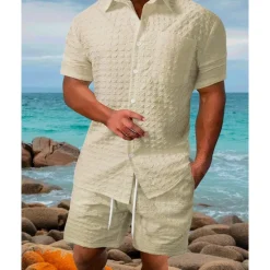 Outlet OUKU Men's T-shirt Suits 2 Pieces Outfits Tee & Shorts Short Sleeve Shirt Collar Summer Plain Fashion Casual 2 Piece Vacation Daily Wear Going out White khaki Top Tee for Men
