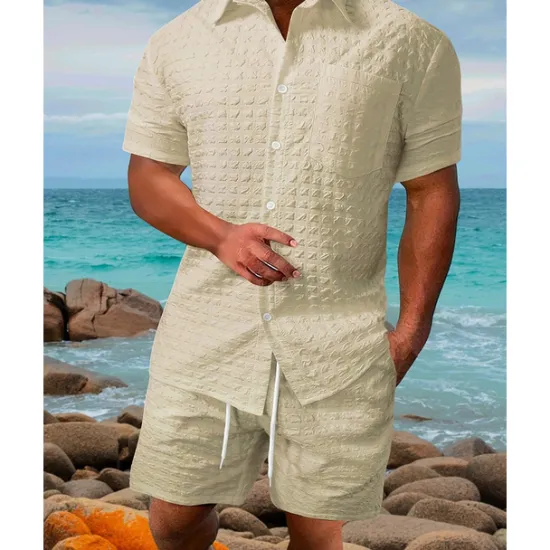 Outlet OUKU Men's T-shirt Suits 2 Pieces Outfits Tee & Shorts Short Sleeve Shirt Collar Summer Plain Fashion Casual 2 Piece Vacation Daily Wear Going out White khaki Top Tee for Men