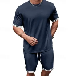 OUKU Men's T-shirt Suits 2 Pieces Outfits Tee & Shorts Short Sleeve Crew Neck Summer Color Block Fashion Casual 2 Piece Vacation Daily Wear Going out Black Red Navy Blue Top Tee for Men