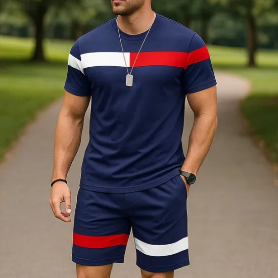 Outlet OUKU Men's T-shirt Suits 2 Pieces Outfits Tee & Shorts Short Sleeve Crew Neck Summer Color Block Fashion Casual 2 Piece Vacation Daily Wear Going out Black White Pink Top Tee for Men