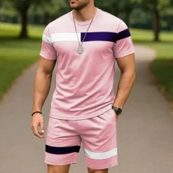 Outlet OUKU Men's T-shirt Suits 2 Pieces Outfits Tee & Shorts Short Sleeve Crew Neck Summer Color Block Fashion Casual 2 Piece Vacation Daily Wear Going out Black White Pink Top Tee for Men