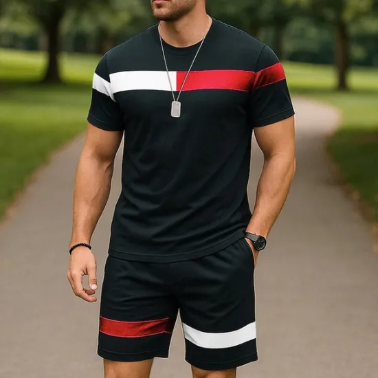Outlet OUKU Men's T-shirt Suits 2 Pieces Outfits Tee & Shorts Short Sleeve Crew Neck Summer Color Block Fashion Casual 2 Piece Vacation Daily Wear Going out Black White Pink Top Tee for Men