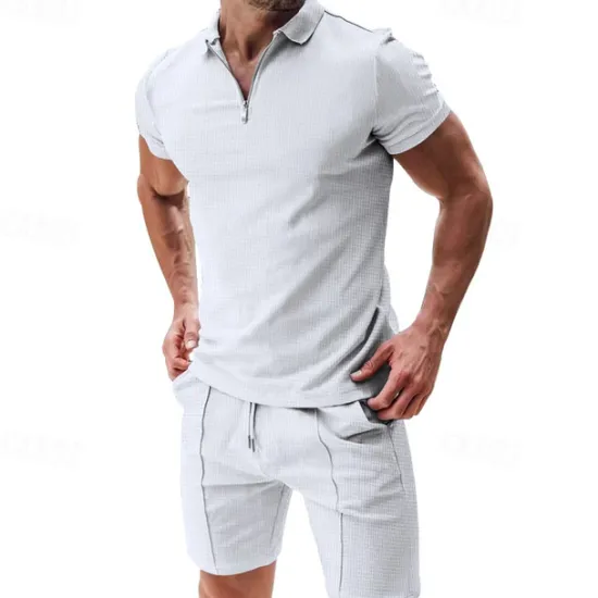 Hot OUKU Men's T-shirt Suits 2 Pieces Outfits Tee & Shorts Short Sleeve Shirt Collar Summer Plain Fashion Casual 2 Piece Vacation Daily Wear Going out Black White Light Gray Top Tee for Men