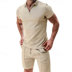 Hot OUKU Men's T-shirt Suits 2 Pieces Outfits Tee & Shorts Short Sleeve Shirt Collar Summer Plain Fashion Casual 2 Piece Vacation Daily Wear Going out Black White Light Gray Top Tee for Men
