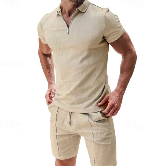 Hot OUKU Men's T-shirt Suits 2 Pieces Outfits Tee & Shorts Short Sleeve Shirt Collar Summer Plain Fashion Casual 2 Piece Vacation Daily Wear Going out Black White Light Gray Top Tee for Men