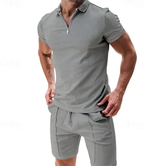 Hot OUKU Men's T-shirt Suits 2 Pieces Outfits Tee & Shorts Short Sleeve Shirt Collar Summer Plain Fashion Casual 2 Piece Vacation Daily Wear Going out Black White Light Gray Top Tee for Men