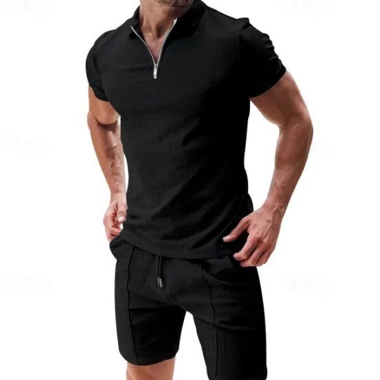 Hot OUKU Men's T-shirt Suits 2 Pieces Outfits Tee & Shorts Short Sleeve Shirt Collar Summer Plain Fashion Casual 2 Piece Vacation Daily Wear Going out Black White Light Gray Top Tee for Men