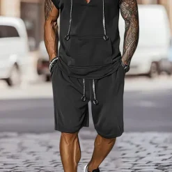 New OUKU Men's T-shirt Suits 2 Pieces Outfits Tee & Shorts Short Sleeve Hooded Summer Plain Fashion Casual 2 Piece Vacation Daily Wear Going out Black Brown Top Tee for Men