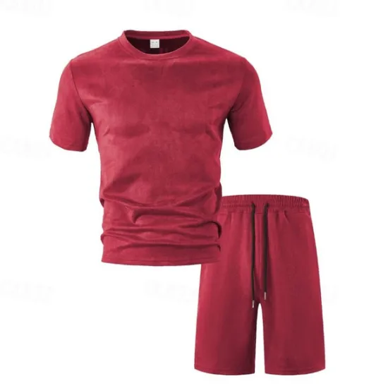 Discount OUKU Men's T-shirt Suits 2 Pieces Outfits Tee & Shorts Short Sleeve Crewneck Summer Solid / Plain Color Fashion Casual 2 Piece Vacation Daily Wear Going out Wine Royal Blue Army Green Top Tee for Men