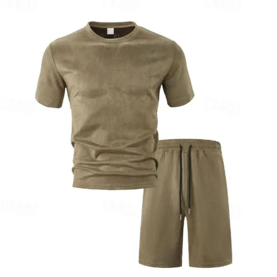 Discount OUKU Men's T-shirt Suits 2 Pieces Outfits Tee & Shorts Short Sleeve Crewneck Summer Solid / Plain Color Fashion Casual 2 Piece Vacation Daily Wear Going out Wine Royal Blue Army Green Top Tee for Men