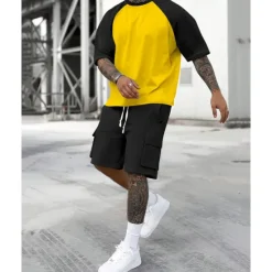 Clearance OUKU Men's T-shirt Suits 2 Pieces Outfits Tee & Shorts Short Sleeve Crew Neck Summer Color Block Fashion Casual 2 Piece Vacation Daily Wear Going out Yellow Orange Army Green Top Tee for Men