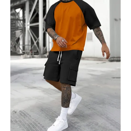 Clearance OUKU Men's T-shirt Suits 2 Pieces Outfits Tee & Shorts Short Sleeve Crew Neck Summer Color Block Fashion Casual 2 Piece Vacation Daily Wear Going out Yellow Orange Army Green Top Tee for Men