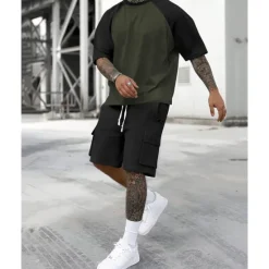 Clearance OUKU Men's T-shirt Suits 2 Pieces Outfits Tee & Shorts Short Sleeve Crew Neck Summer Color Block Fashion Casual 2 Piece Vacation Daily Wear Going out Yellow Orange Army Green Top Tee for Men