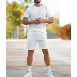 Outlet OUKU Men's T-shirt Suits 2 Pieces Outfits Tee & Shorts Short Sleeve Crew Neck Summer Plain Fashion Casual 2 Piece Vacation Daily Wear Going out White Pink Green Top Tee for Men