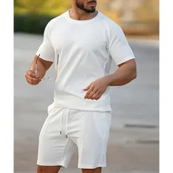Outlet OUKU Men's T-shirt Suits 2 Pieces Outfits Tee & Shorts Short Sleeve Crew Neck Summer Plain Fashion Casual 2 Piece Vacation Daily Wear Going out White Pink Green Top Tee for Men