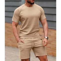 Outlet OUKU Men's T-shirt Suits 2 Pieces Outfits Tee & Shorts Short Sleeve Crew Neck Summer Plain Fashion Casual 2 Piece Vacation Daily Wear Going out White Pink Green Top Tee for Men