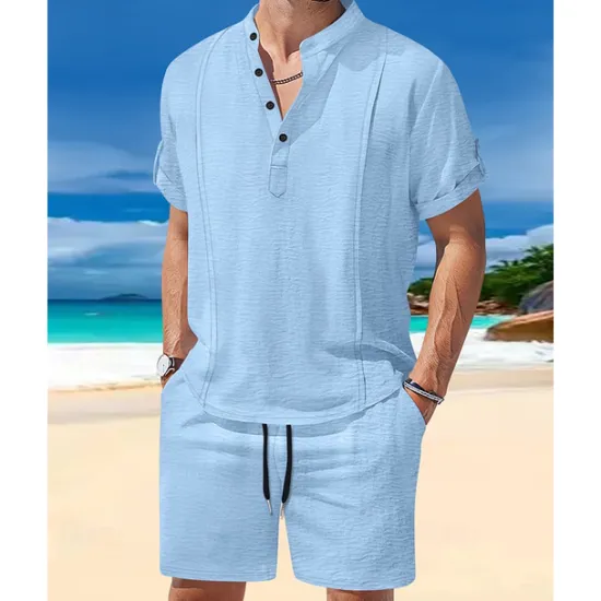 Sale OUKU Men's T-shirt Suits 2 Pieces Outfits Tee & Shorts Short Sleeve Henley Summer Plain Fashion Casual 2 Piece Vacation Daily Wear Going out White Royal Blue Brown Top Tee for Men