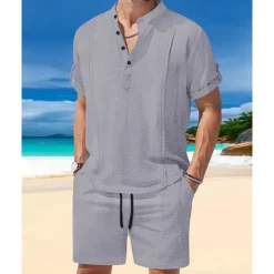 Sale OUKU Men's T-shirt Suits 2 Pieces Outfits Tee & Shorts Short Sleeve Henley Summer Plain Fashion Casual 2 Piece Vacation Daily Wear Going out White Royal Blue Brown Top Tee for Men