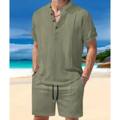 Sale OUKU Men's T-shirt Suits 2 Pieces Outfits Tee & Shorts Short Sleeve Henley Summer Plain Fashion Casual 2 Piece Vacation Daily Wear Going out White Royal Blue Brown Top Tee for Men
