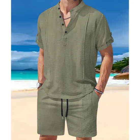 Sale OUKU Men's T-shirt Suits 2 Pieces Outfits Tee & Shorts Short Sleeve Henley Summer Plain Fashion Casual 2 Piece Vacation Daily Wear Going out White Royal Blue Brown Top Tee for Men