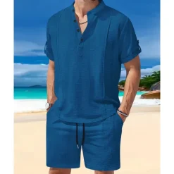Sale OUKU Men's T-shirt Suits 2 Pieces Outfits Tee & Shorts Short Sleeve Henley Summer Plain Fashion Casual 2 Piece Vacation Daily Wear Going out White Royal Blue Brown Top Tee for Men