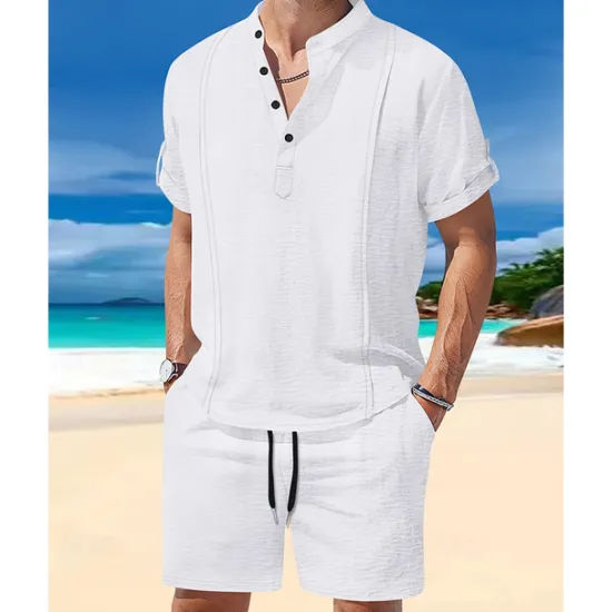 Sale OUKU Men's T-shirt Suits 2 Pieces Outfits Tee & Shorts Short Sleeve Henley Summer Plain Fashion Casual 2 Piece Vacation Daily Wear Going out White Royal Blue Brown Top Tee for Men