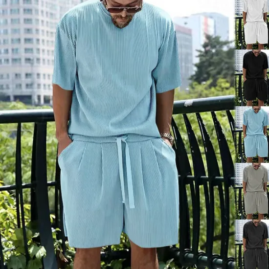 Best OUKU Men's T-shirt Suits 2 Pieces Outfits Tee & Shorts Short Sleeve Crew Neck Summer Plain Fashion Casual 2 Piece Vacation Daily Wear Going out White Light Grey Dark Gray Top Tee for Men
