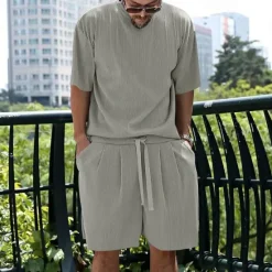 Best OUKU Men's T-shirt Suits 2 Pieces Outfits Tee & Shorts Short Sleeve Crew Neck Summer Plain Fashion Casual 2 Piece Vacation Daily Wear Going out White Light Grey Dark Gray Top Tee for Men